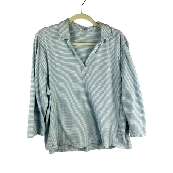 Lands' End Polo Shirt Women XL Blue Stripe Johnny Collar 3/4 Sleeves 100% Cotton - Picture 1 of 5